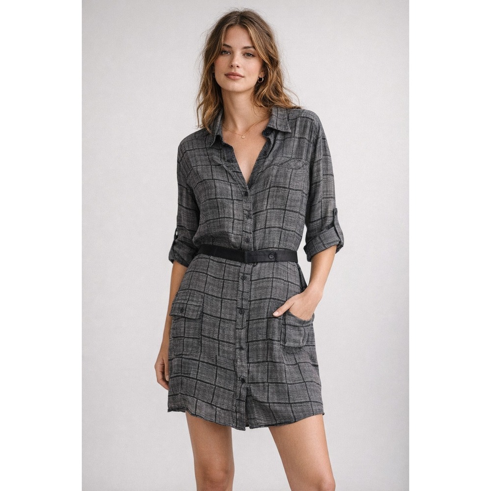 Rag‎ and Bone Shirt Dress Grey Plaid Silk Front Cargo Pockets Size 0 Oversized
